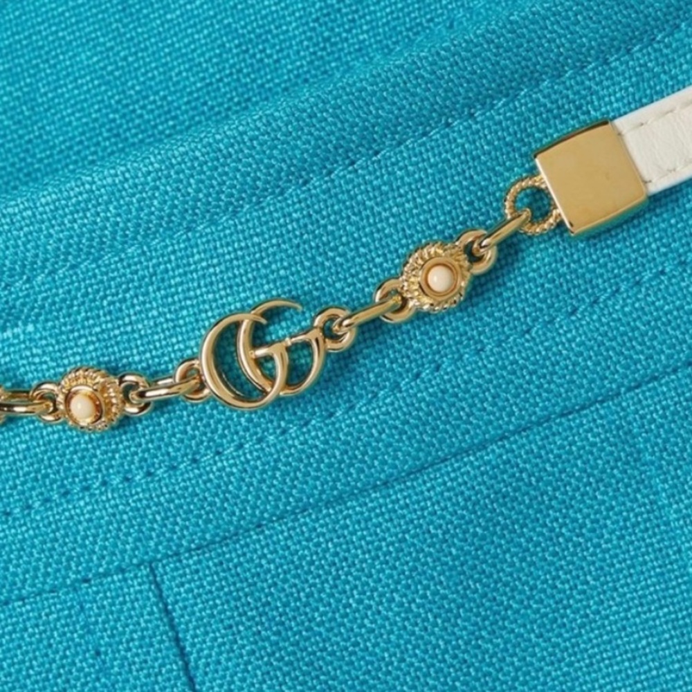 Gucci Turquoise Viscose Linen Pleated Midi Skirt with White Leather Gold GG Belt - Picture 4 of 11